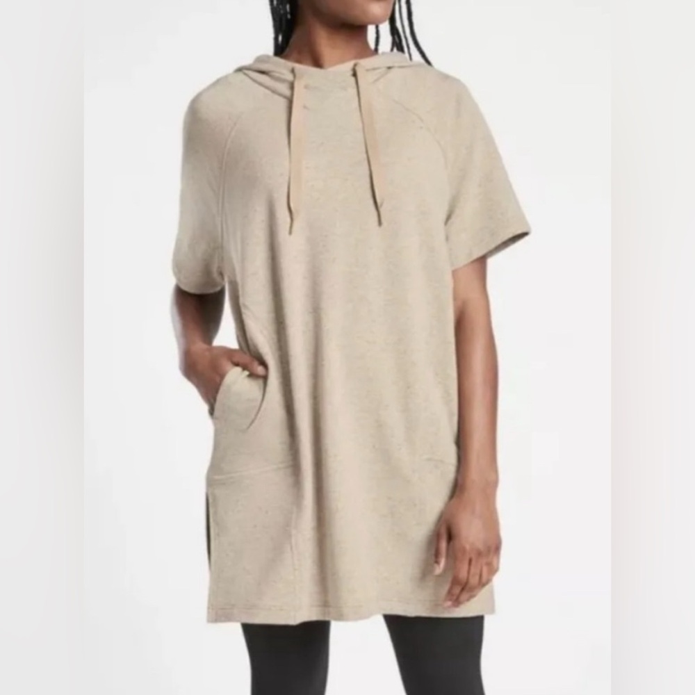 Athleta Cabana Nep Tunic Short Sleeve Hoodie Sweatshirt Shadow Olive Size Small